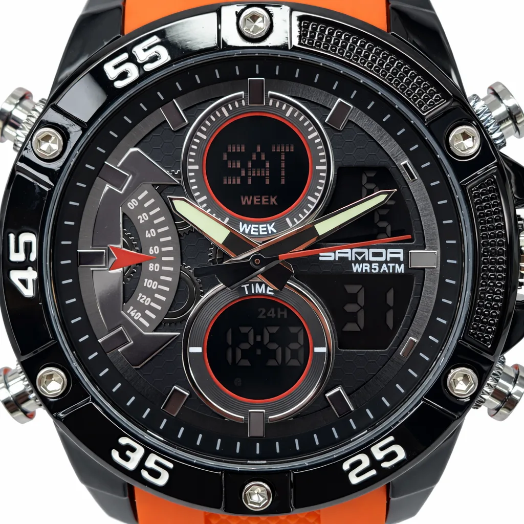 SANDA Black & Orange Dual Display Sports Watch 48mm Analog Digital, 50M Water Resistant - SANDA5104ORANGE