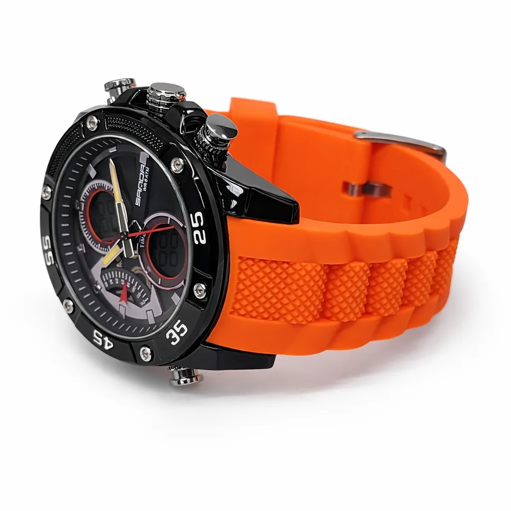 SANDA Black & Orange Dual Display Sports Watch 48mm Analog Digital, 50M Water Resistant - SANDA5104ORANGE