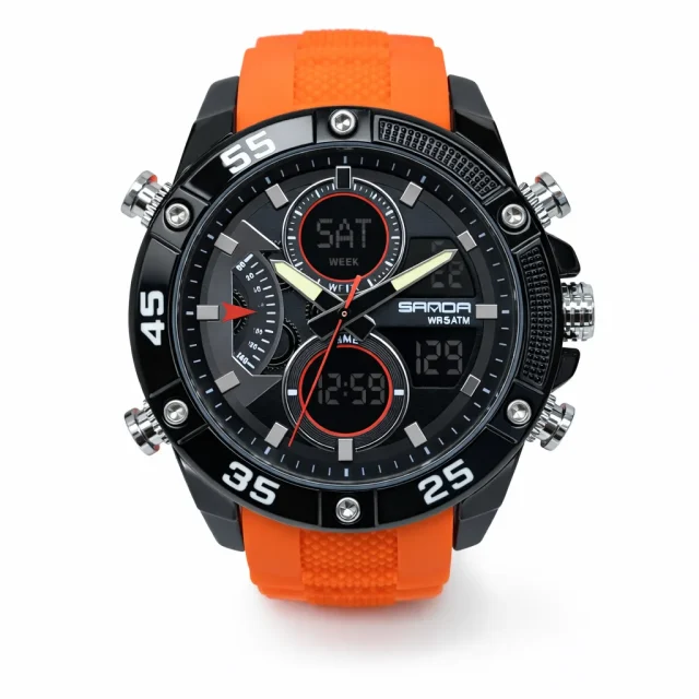 SANDA Black & Orange Dual Display Sports Watch 48mm Analog Digital, 50M Water Resistant - SANDA5104ORANGE