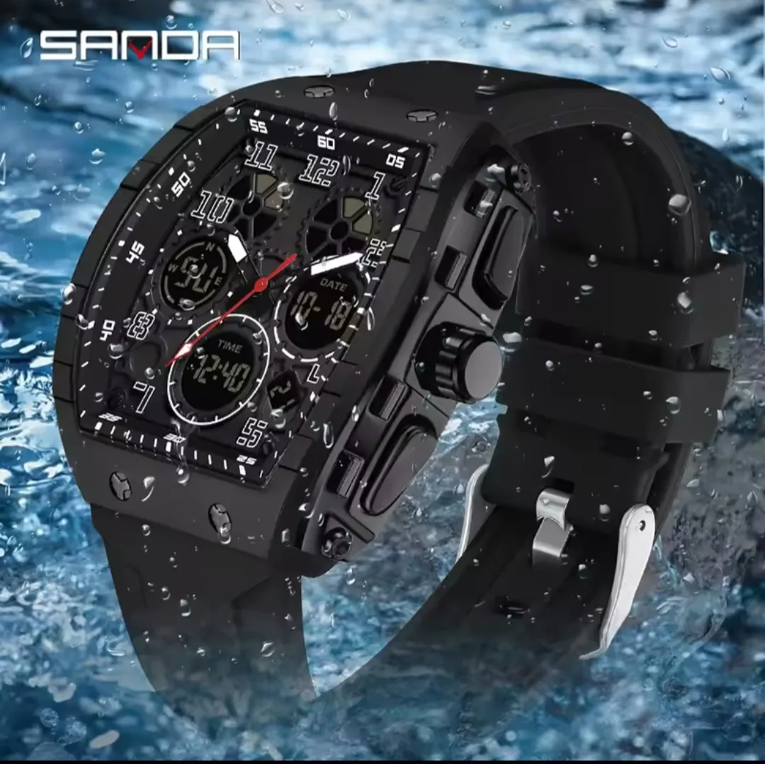 SANDA Casual Sports Men's Duel Time Watch - 6157-BLACK