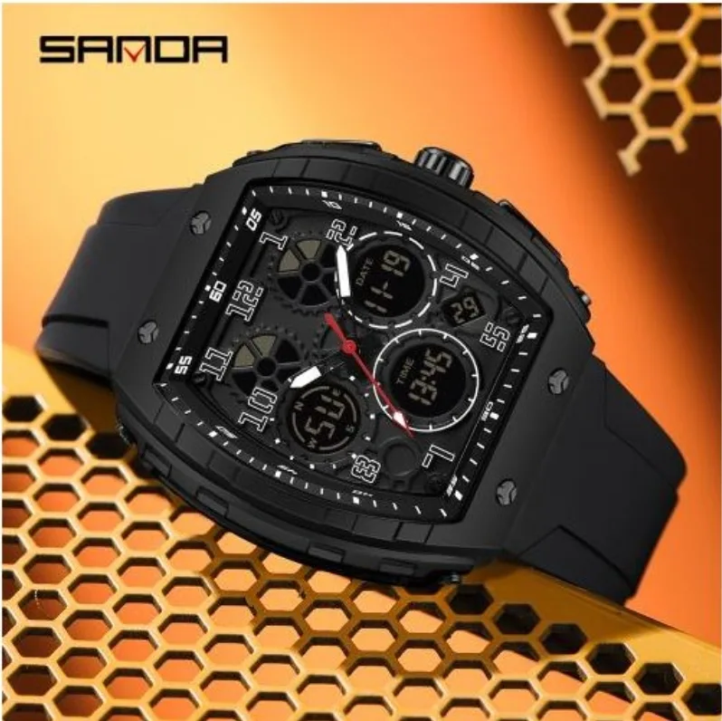 SANDA Casual Sports Men's Duel Time Watch - 6157-BLACK