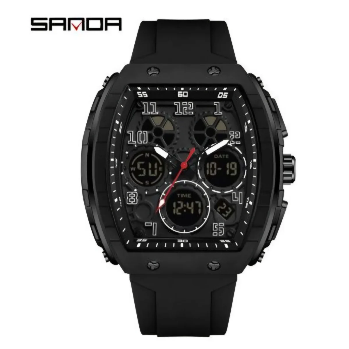 SANDA Casual Sports Men's Duel Time Watch - 6157-BLACK