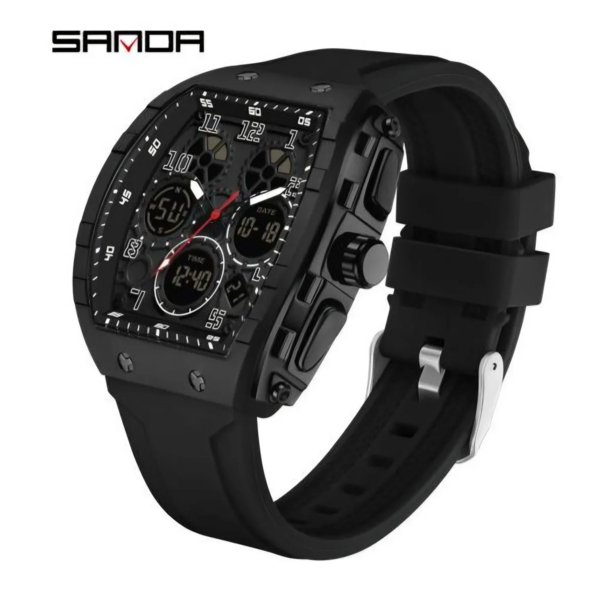 SANDA Casual Sports Men's Duel Time Watch - 6157-BLACK