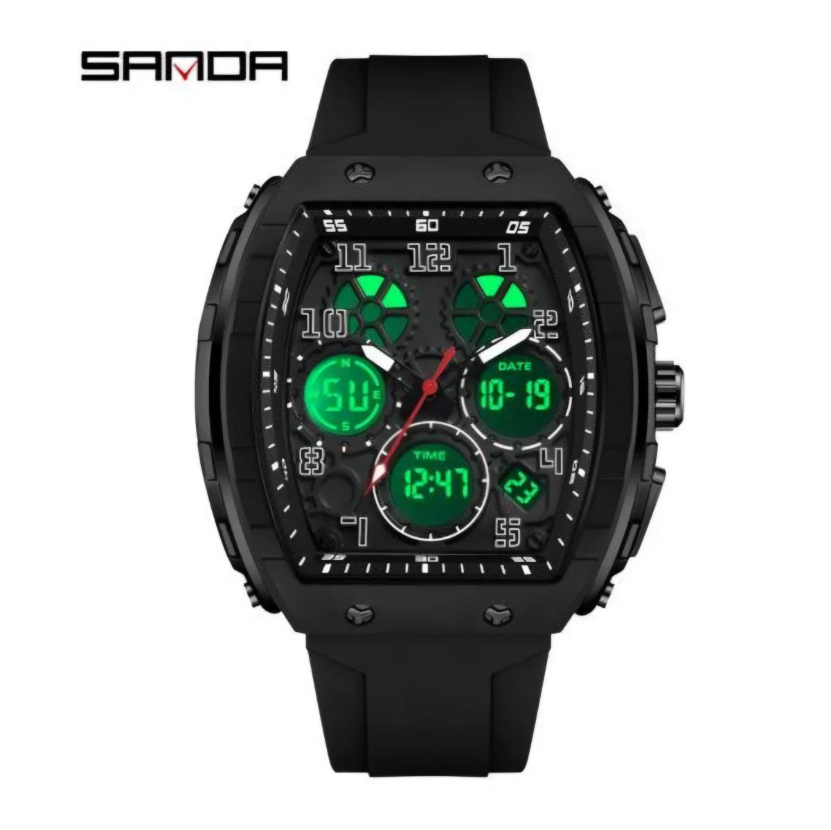 SANDA Casual Sports Men's Duel Time Watch - 6157-BLACK