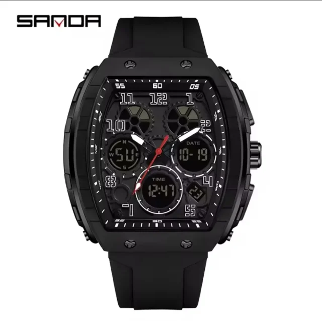 SANDA Casual Sports Men's Duel Time Watch - 6157-BLACK