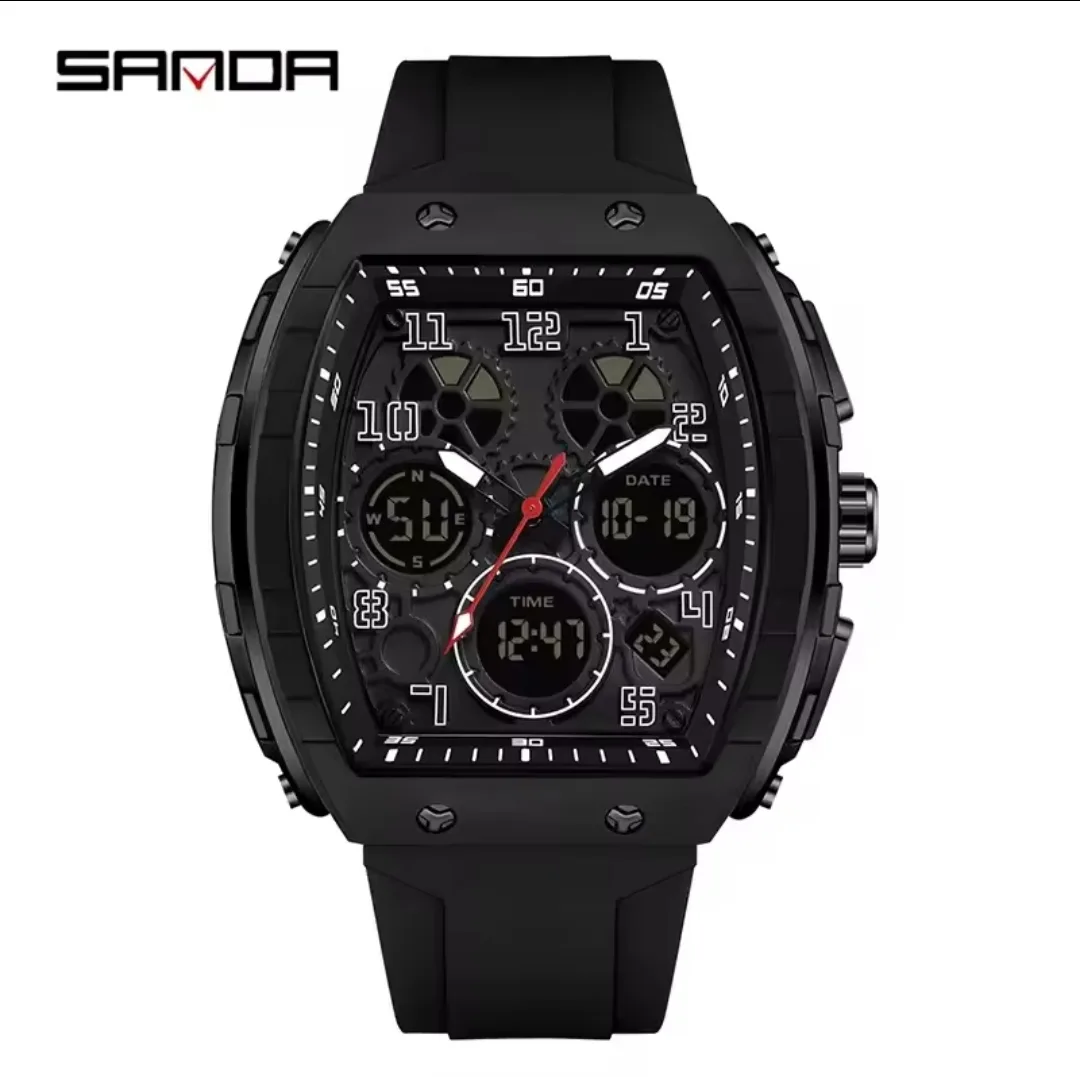 SANDA Casual Sports Men's Duel Time Watch - 6157-BLACK
