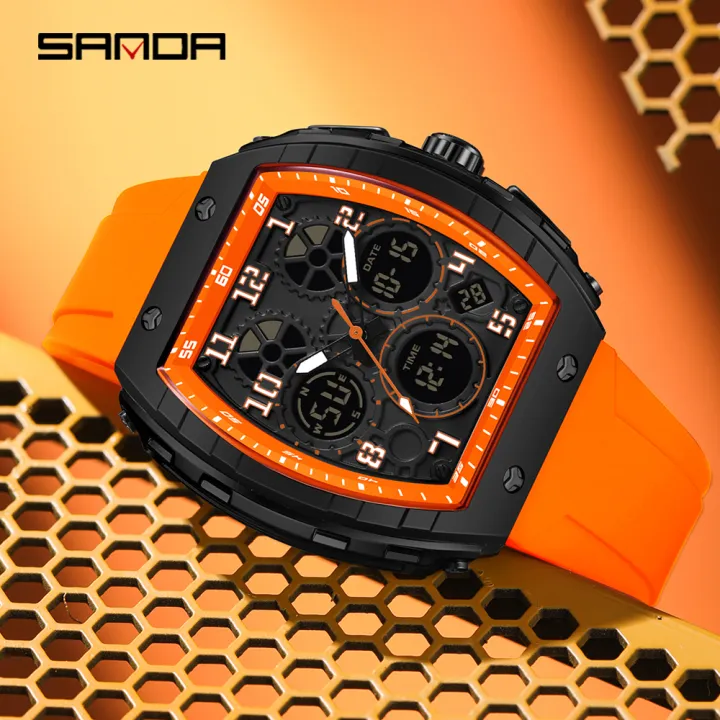 SANDA Casual Sports Men's Duel Time Watch - 6157-ORANGE