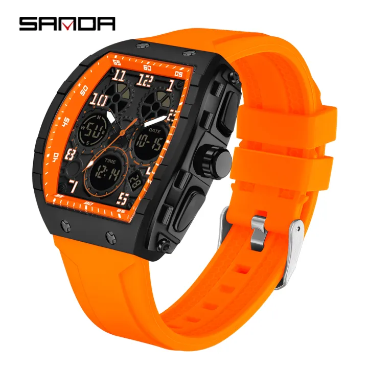 SANDA Casual Sports Men's Duel Time Watch - 6157-ORANGE