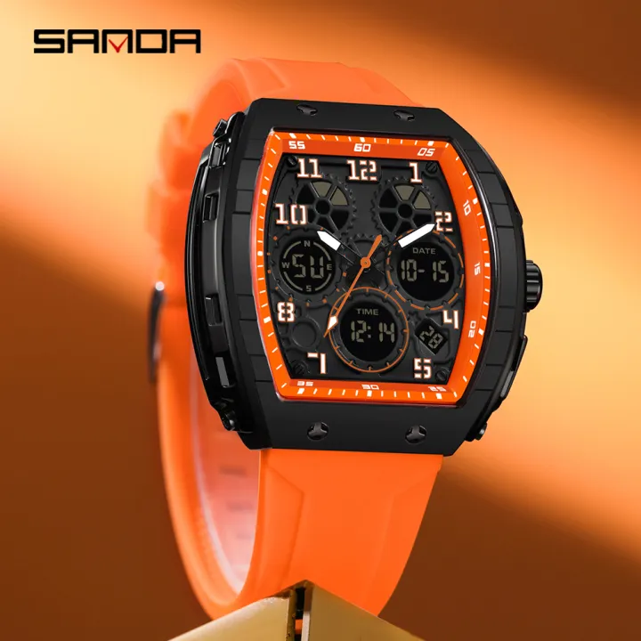 SANDA Casual Sports Men's Duel Time Watch - 6157-ORANGE