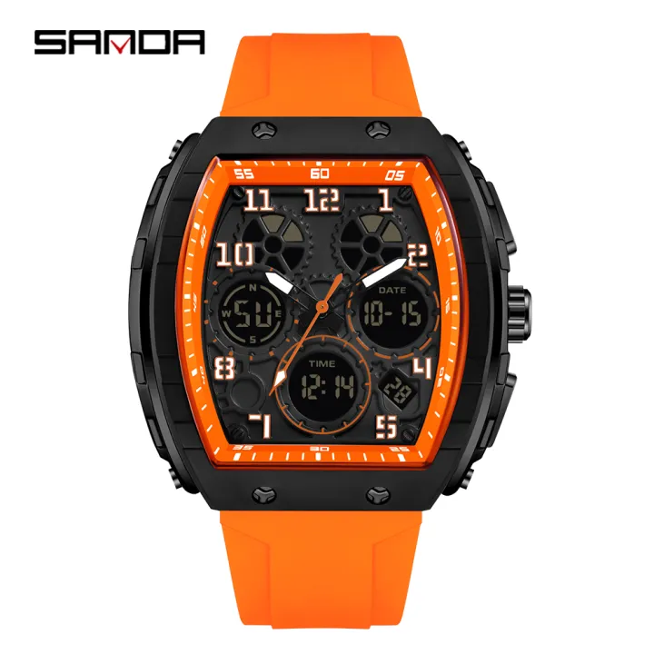 SANDA Casual Sports Men's Duel Time Watch - 6157-ORANGE