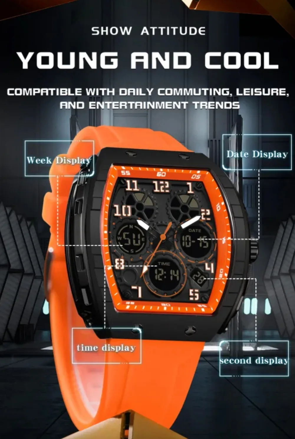 SANDA Casual Sports Men's Duel Time Watch - 6157-ORANGE