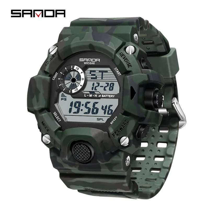 SANDA Digital Mens 50M WR Fashion Military Camo Watch - 2183BLKGRN