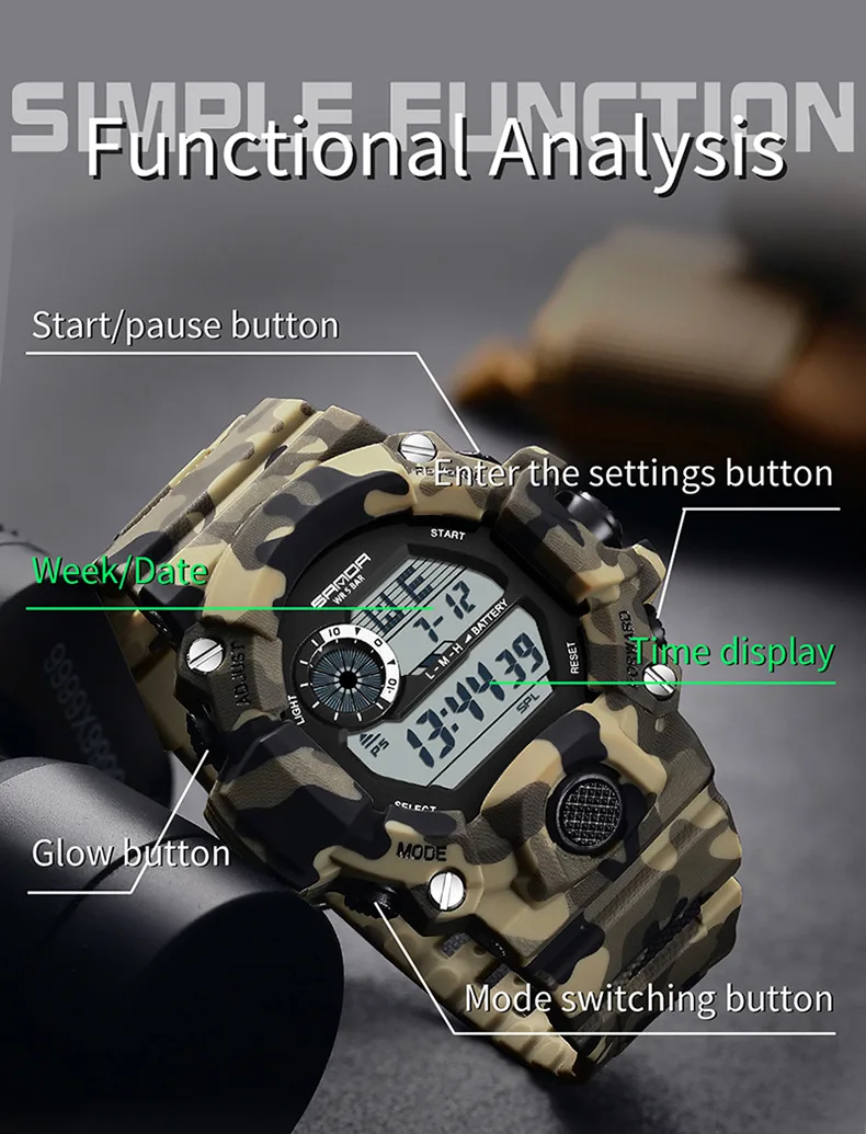 SANDA Digital Mens 50M WR Fashion Military Camo Watch - 2183WHBLK