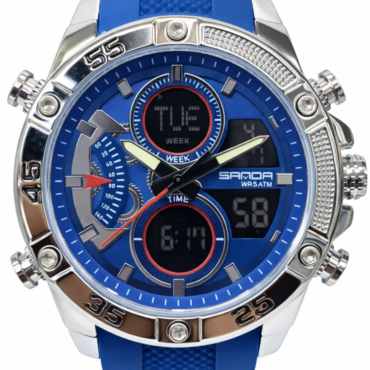 SANDA Dual Display Blue Sports Watch 48mm Stainless Steel Case, Analog & Digital, 50M Water Resistant - SANDA5104BL