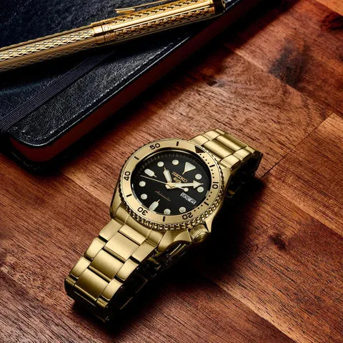 SEIKO 5 SPORTS Automatic 100m Water Proof Gold Case & Band, Black Dial Watch - SRPK18J