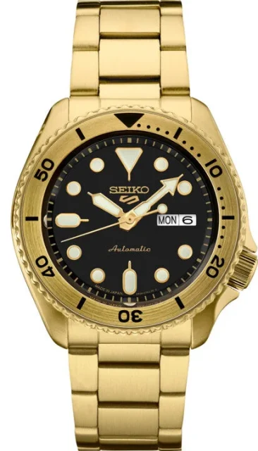 SEIKO 5 SPORTS Automatic 100m Water Proof Gold Case & Band, Black Dial Watch - SRPK18J