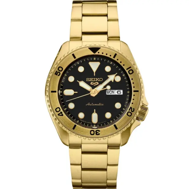 SEIKO 5 SPORTS Automatic 100m Water Resistant Gold Case & Band, Black Dial Watch - SRPK18J