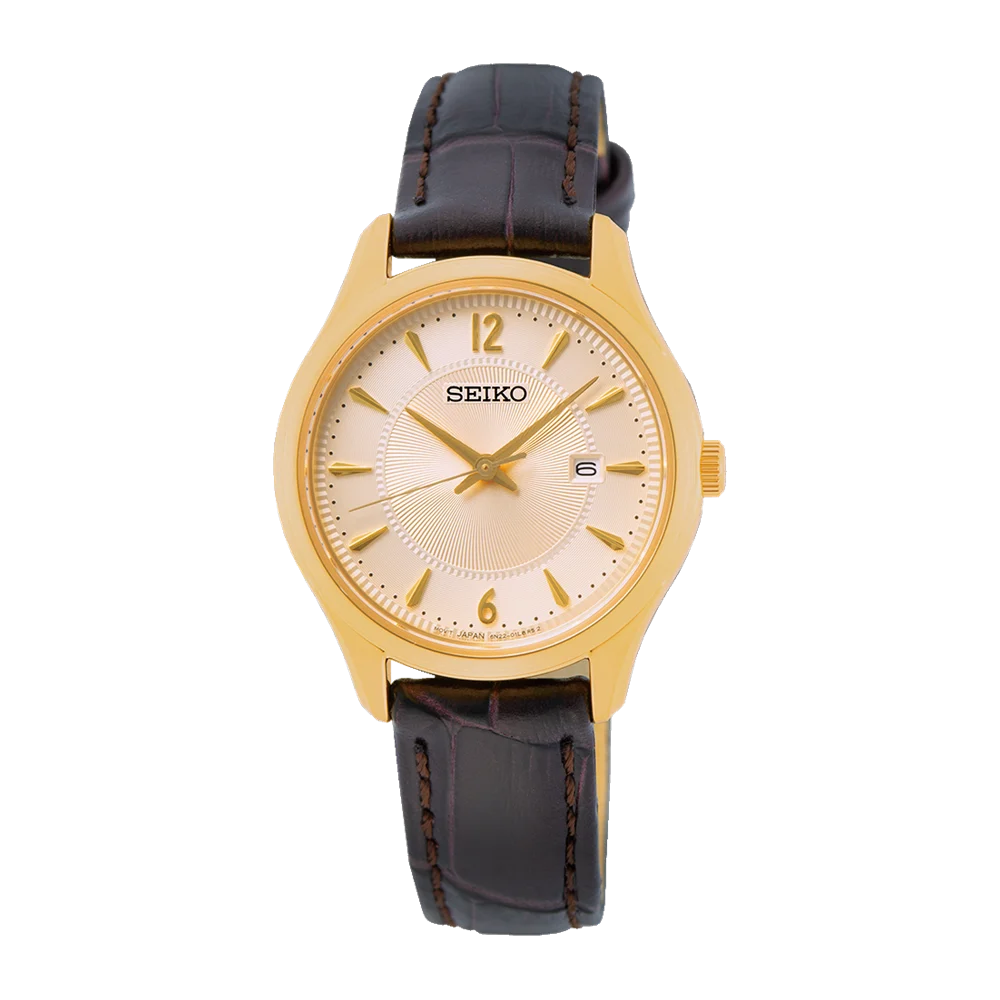 Seiko Ladies Quartz Gold case Brown Leather Strap - SUR478P1