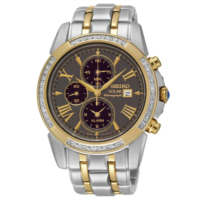 Seiko Le Grand Two-Tone Diamond Accented Mens Solar Chronograph Watch - SSC312