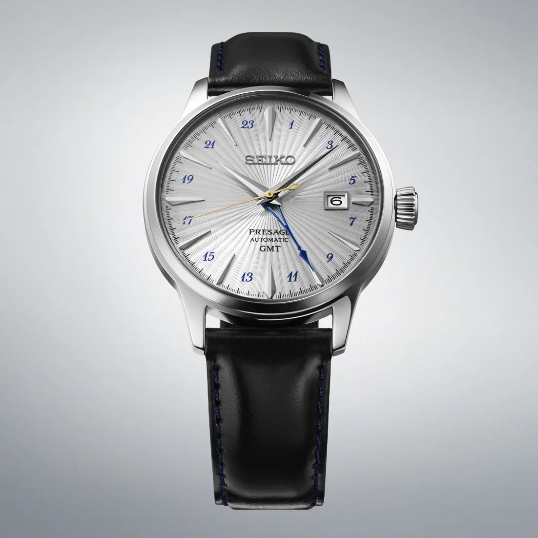 Seiko Presage Cocktail Time GMT SSK049J1 Automatic Men's Watch Silver Dial Black Leather Strap