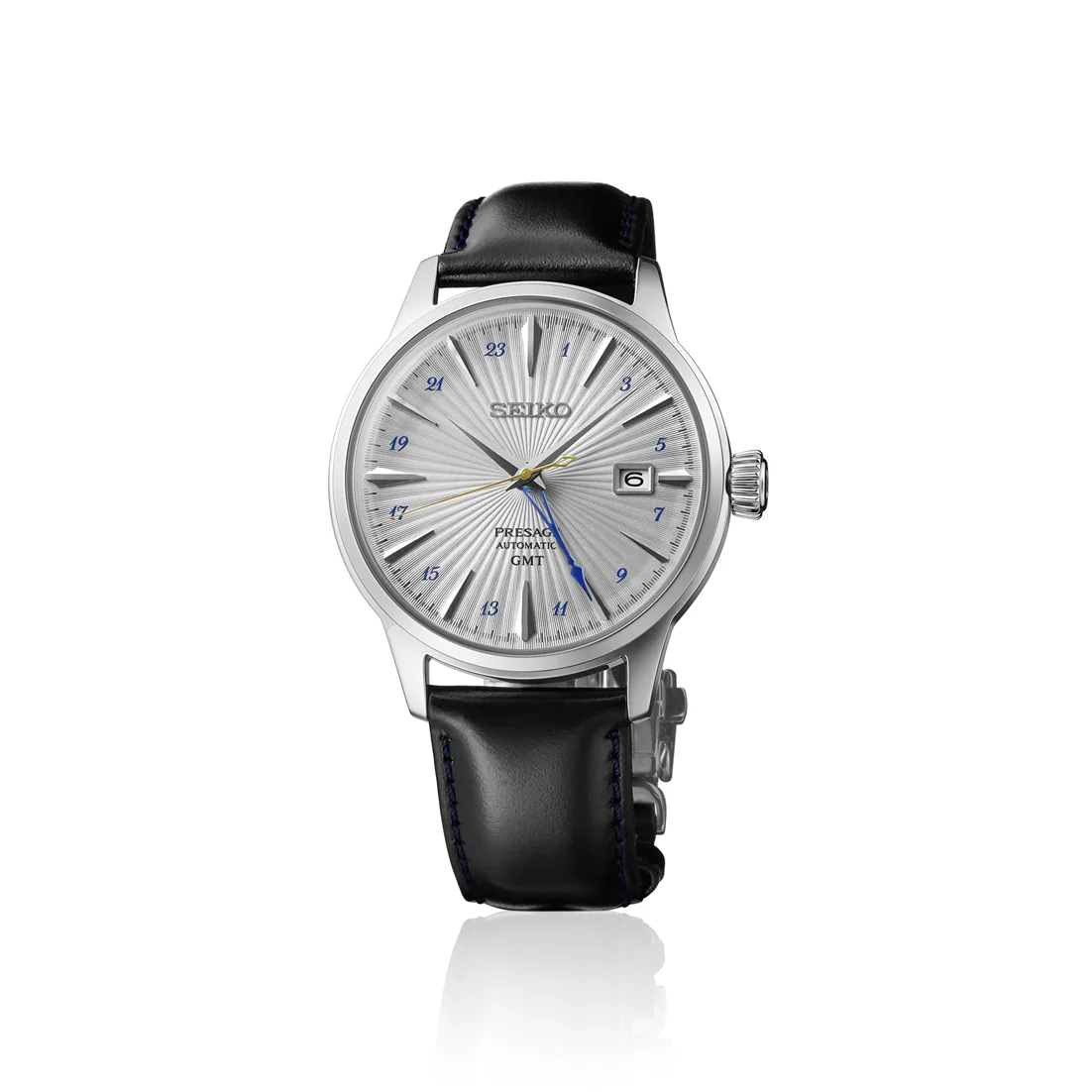 Seiko Presage Cocktail Time GMT SSK049J1 Automatic Men's Watch Silver Dial Black Leather Strap
