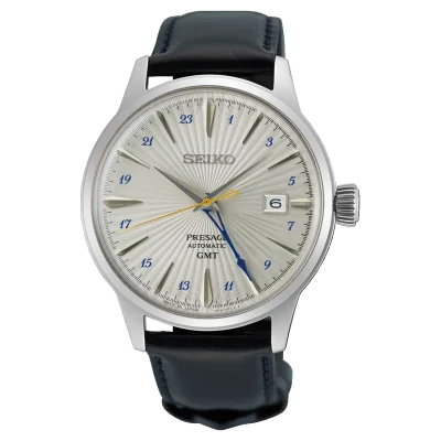 Seiko Presage Cocktail Time GMT SSK049J1 Automatic Men's Watch Silver Dial Black Leather Strap