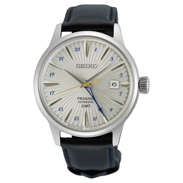 Seiko Presage Cocktail Time GMT SSK049J1 Automatic Men's Watch Silver Dial Black Leather Strap