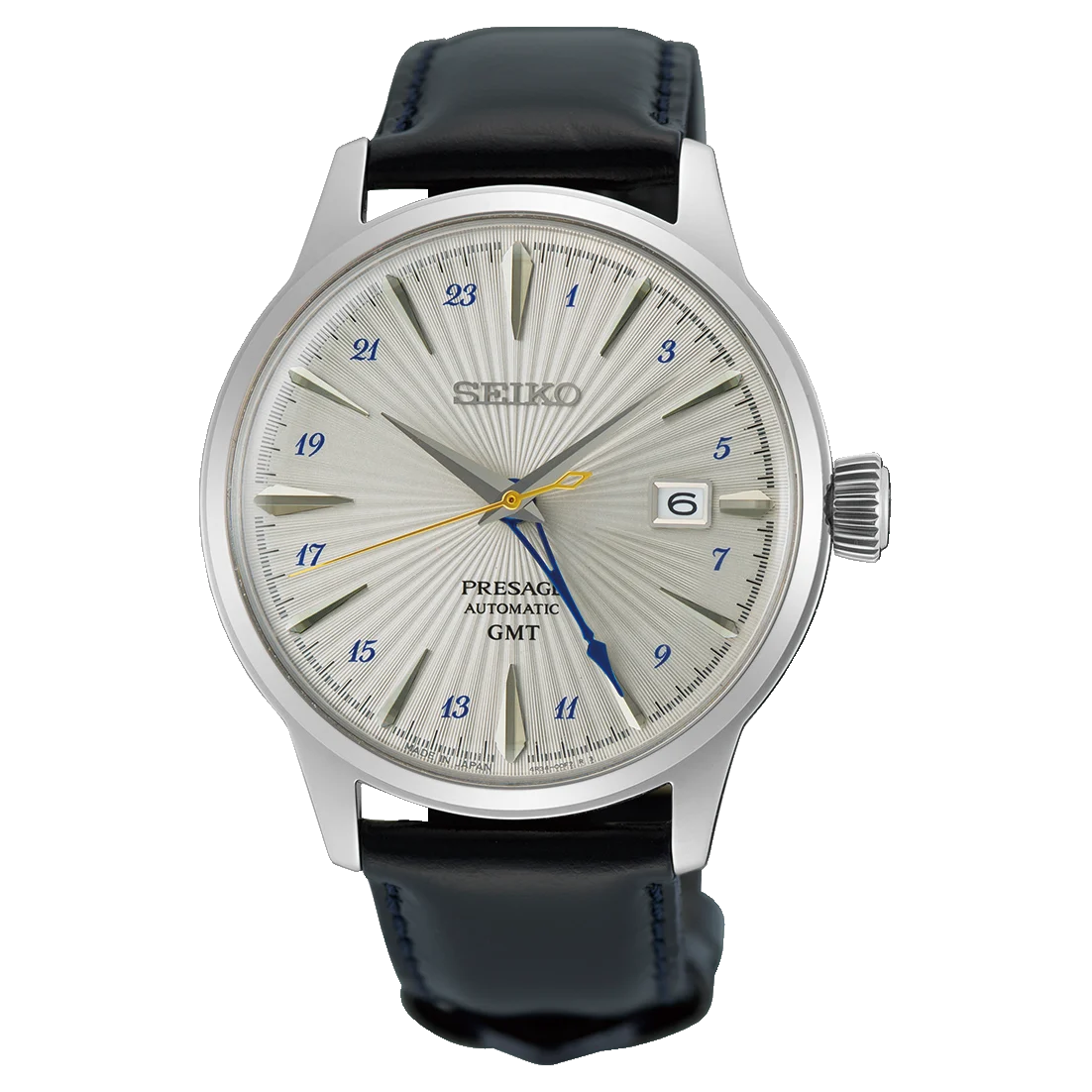 Seiko Presage Cocktail Time GMT SSK049J1 Automatic Men's Watch Silver Dial Black Leather Strap