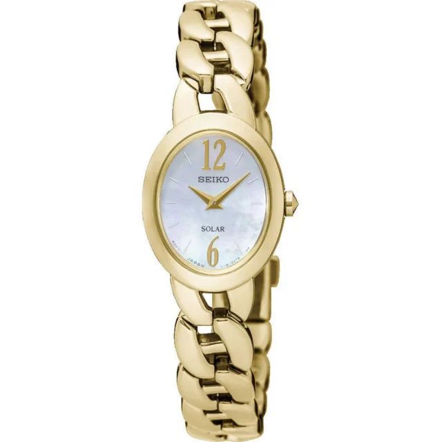 Seiko Solar Pearl Color Dial Gold Tone Stainless Ladies Watch SUP322P1