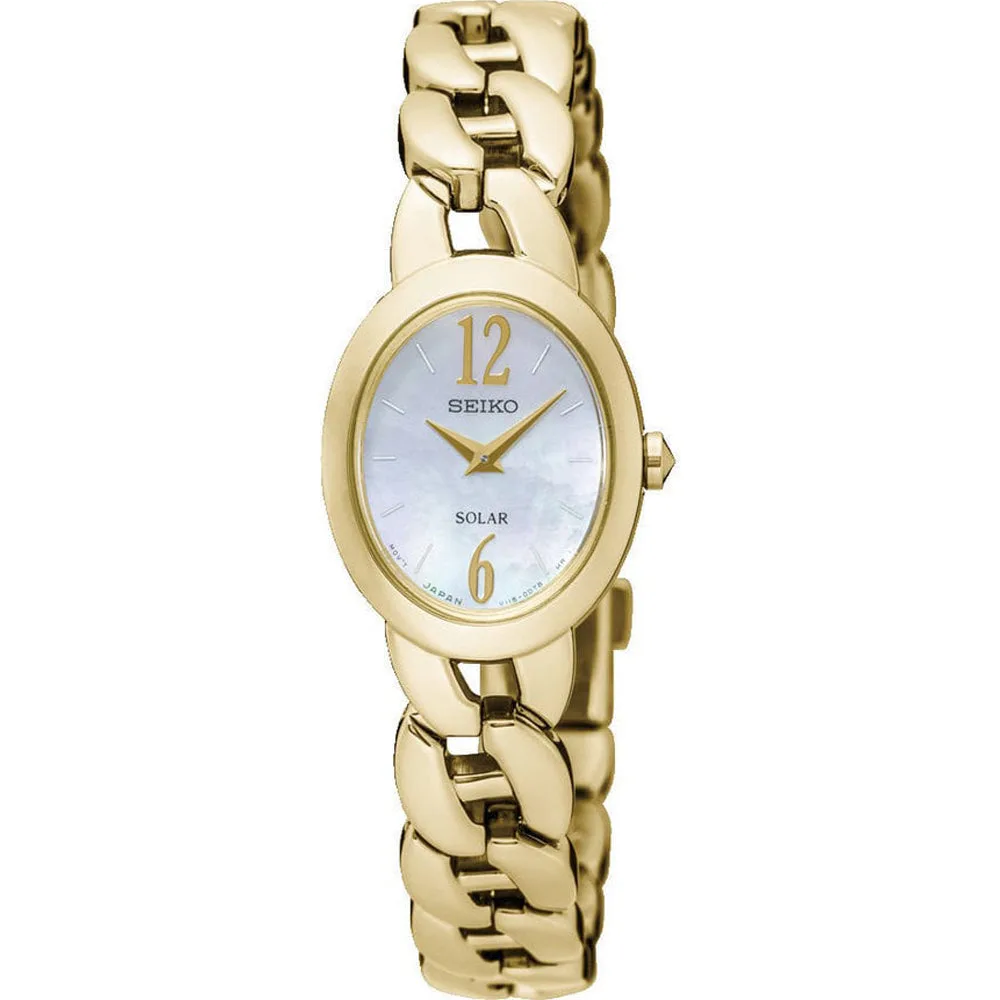 Seiko Solar Pearl Color Dial Gold Tone Stainless Ladies Watch SUP322P1