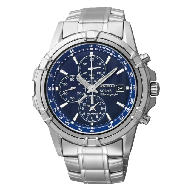Seiko Solar Powered Alarm Chronograph Blue Dial 100M WR Men's Watch - SSC141