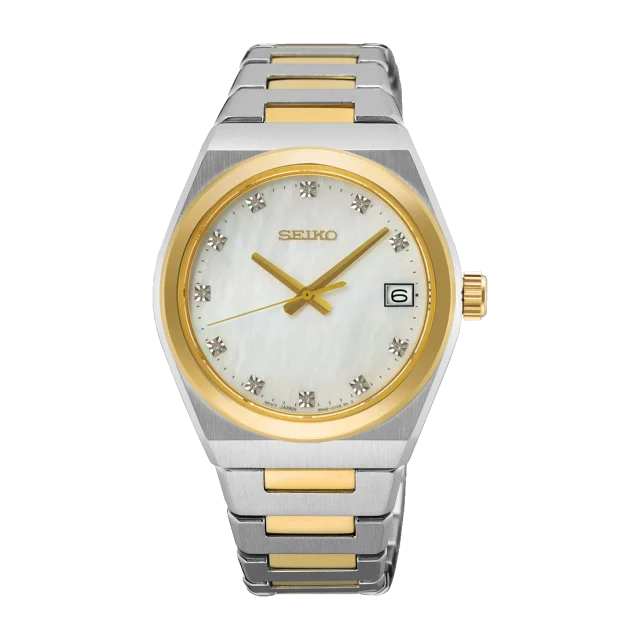 Seiko SUR604P1 — Two-Tone Ladies Classic Watch, Mother-of-Pearl Dial & Diamonds