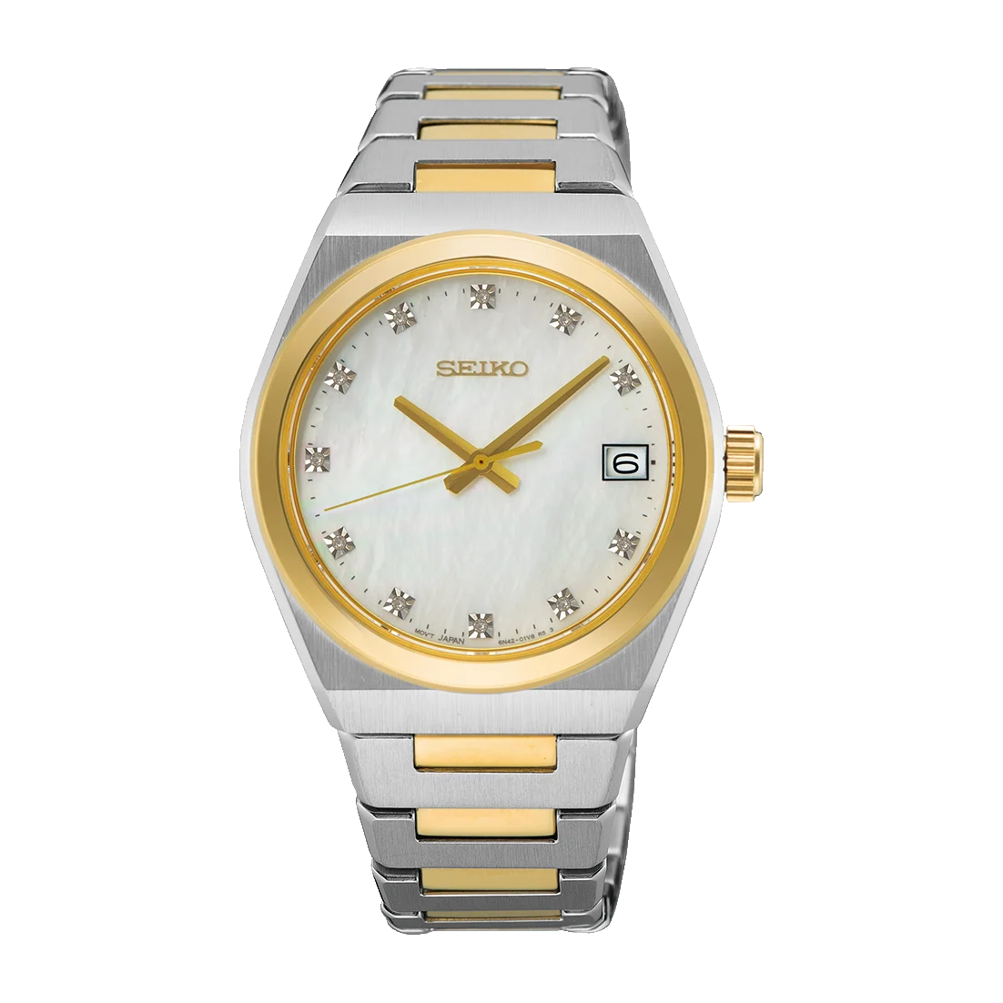 Seiko SUR604P1 — Two-Tone Ladies Classic Watch, Mother-of-Pearl Dial & Diamonds