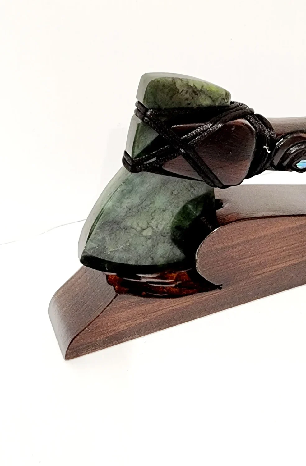 Small Wooden Carved Maori Axe - Toki Kaka Poto with New Zealand Greenstone on Stand