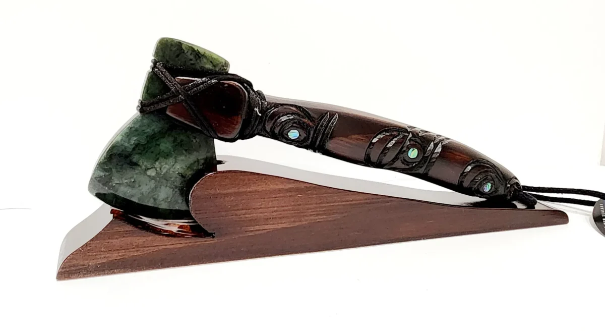 Small Wooden Carved Maori Axe - Toki Kaka Poto with New Zealand Greenstone on Stand