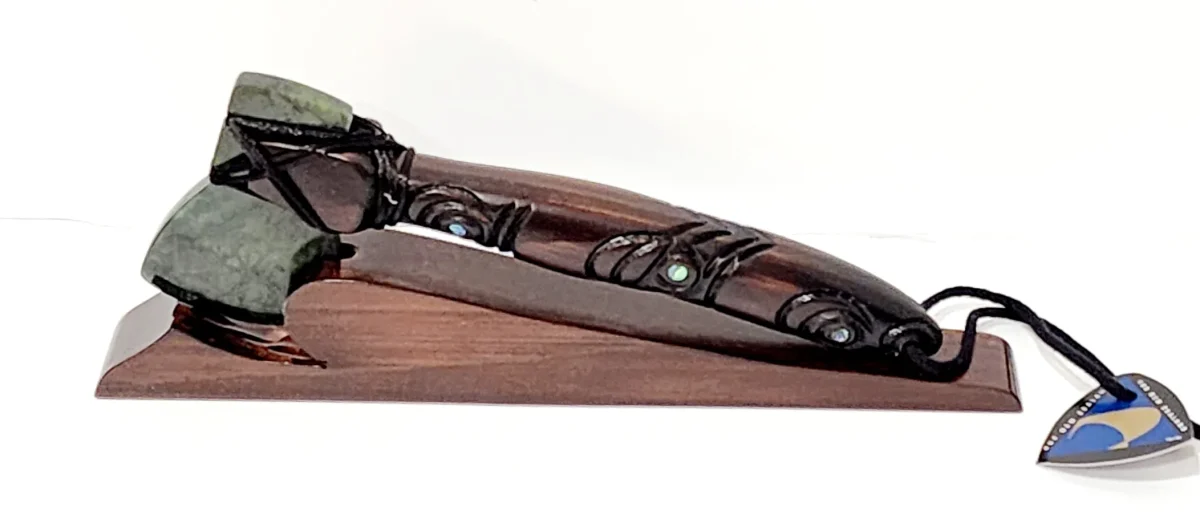 Small Wooden Carved Maori Axe - Toki Kaka Poto with New Zealand Greenstone on Stand