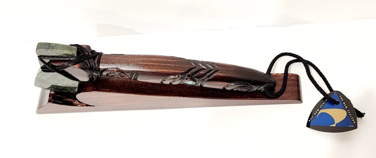 Small Wooden Carved Maori Axe - Toki Kaka Poto with New Zealand Greenstone on Stand