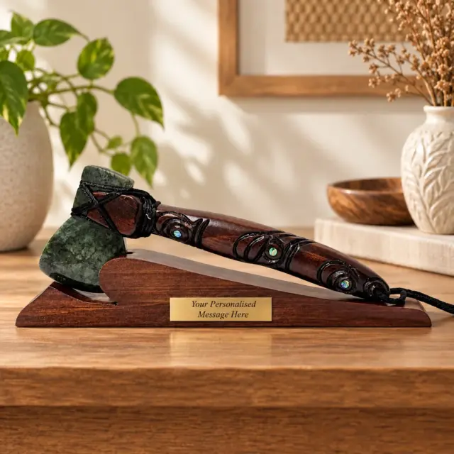 Small Wooden Carved Maori Axe - Toki Kaka Poto with New Zealand Greenstone on Stand