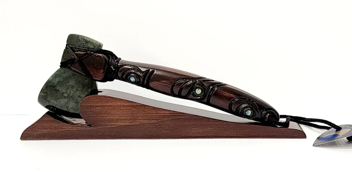 Small Wooden Carved Maori Axe - Toki Kaka Poto with New Zealand Greenstone on Stand