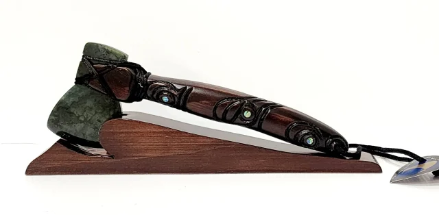 Small Wooden Carved Maori Axe - Toki Kaka Poto with New Zealand Greenstone on Stand