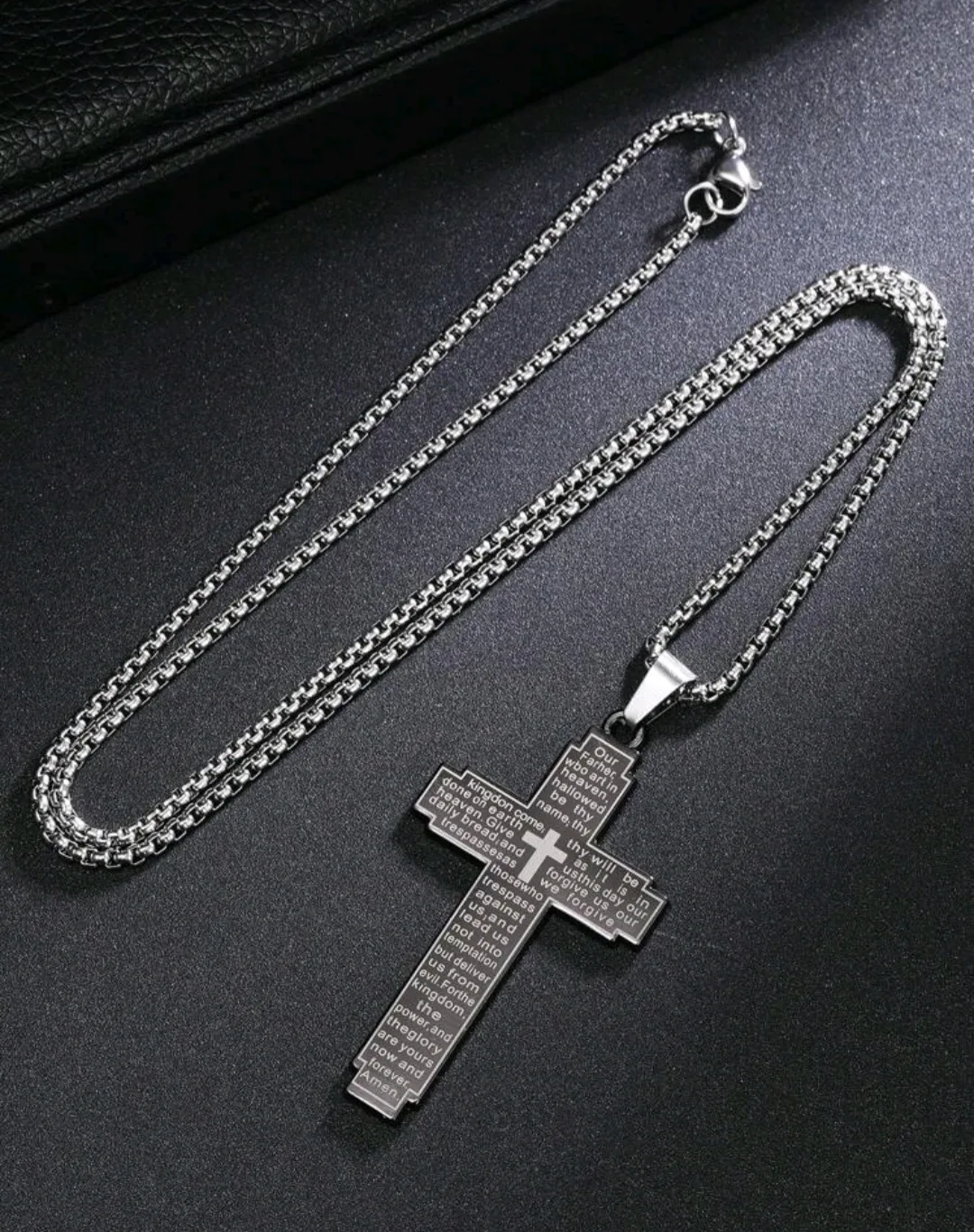 Stainless Steel Cross Pendant Laser Engraved The Lord,s Prayer Cross with 60cm Stainless Steel Necklace