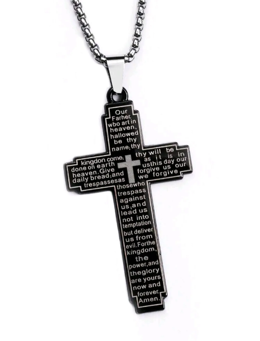 Stainless Steel Cross Pendant Laser Engraved The Lord,s Prayer Cross with 60cm Stainless Steel Necklace