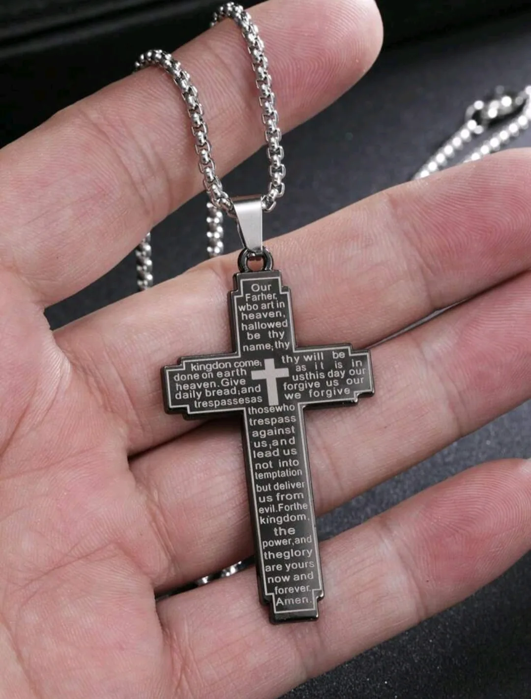 Stainless Steel Cross Pendant Laser Engraved The Lord,s Prayer Cross with 60cm Stainless Steel Necklace