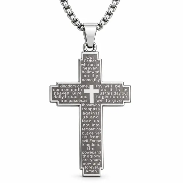 Stainless Steel Cross Pendant Laser Engraved The Lord,s Prayer Cross with 60cm Stainless Steel Necklace
