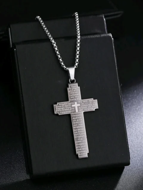 Stainless Steel Cross Pendant Laser Engraved The Lord,s Prayer Cross with 60cm Stainless Steel Necklace