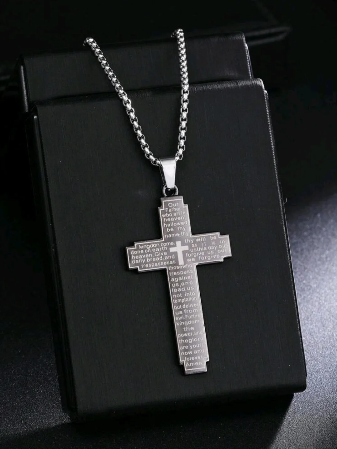 Stainless Steel Cross Pendant Laser Engraved The Lord,s Prayer Cross with 60cm Stainless Steel Necklace