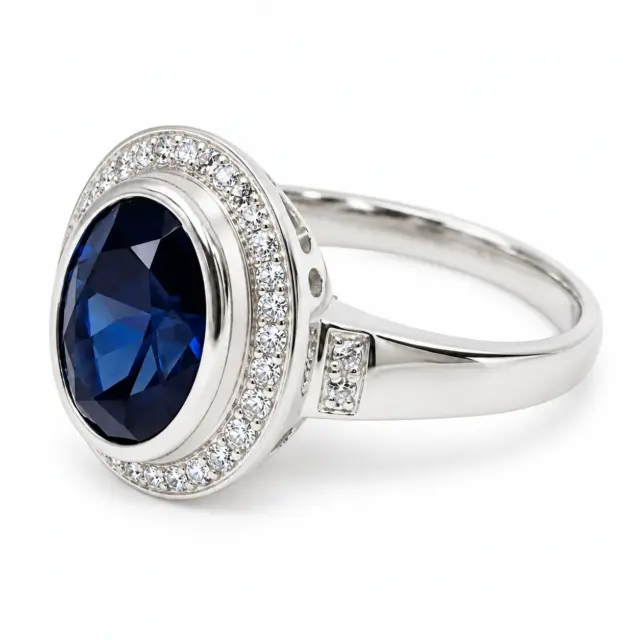 Sterling Silver 10mm x 13mm Ocal Cut Bezel Set Blue CZ and Halo CZ Setting Ladies Dress Ring