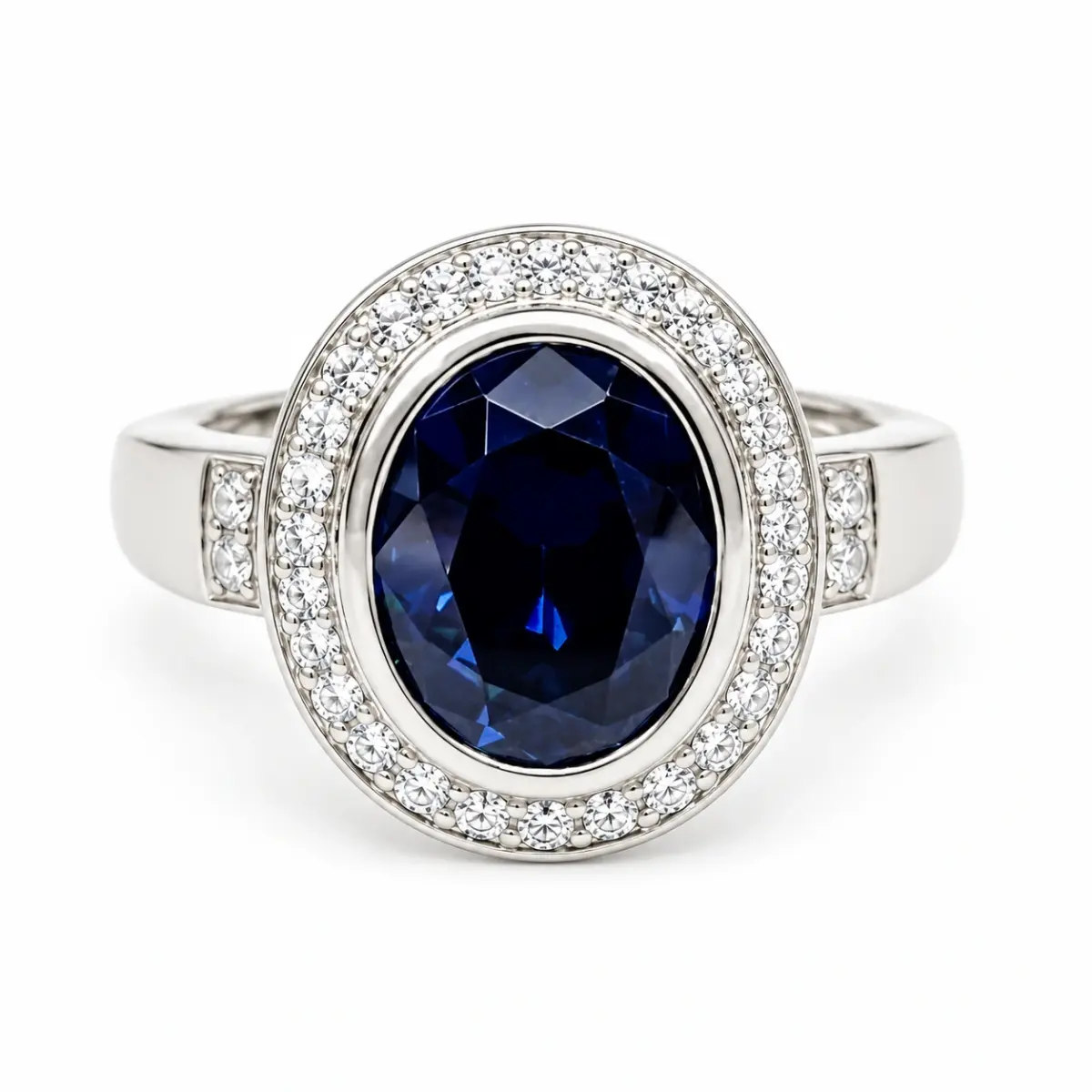 Sterling Silver 10mm x 13mm Ocal Cut Bezel Set Blue CZ and Halo CZ Setting Ladies Dress Ring