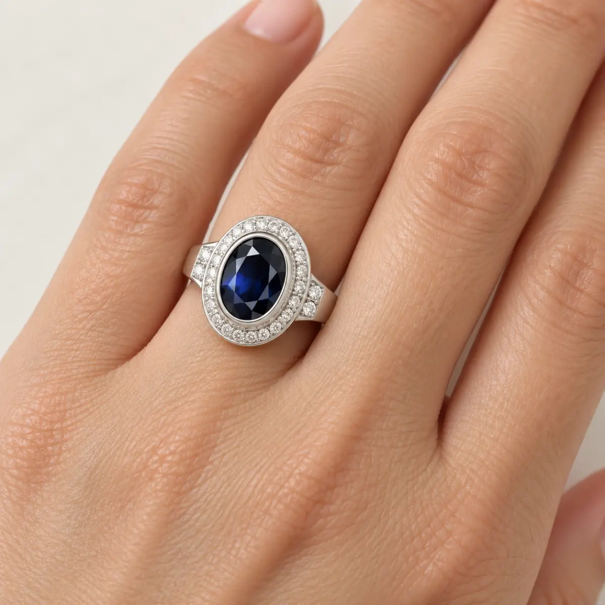 Sterling Silver 10mm x 13mm Ocal Cut Bezel Set Blue CZ and Halo CZ Setting Ladies Dress Ring