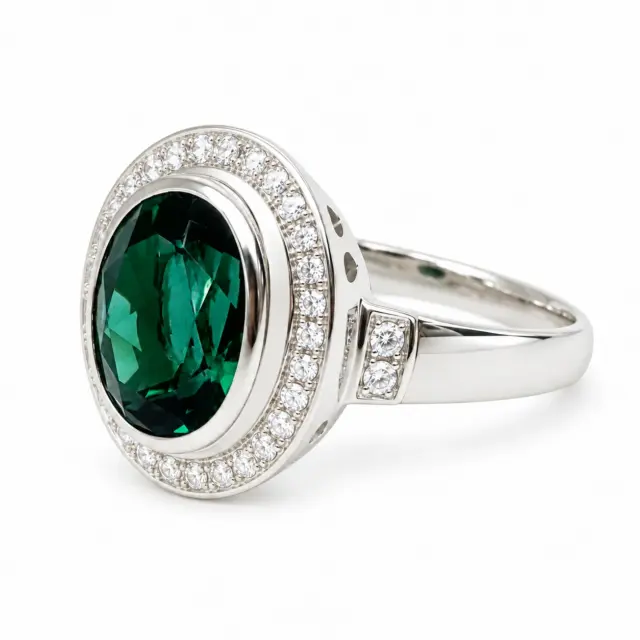 Sterling Silver 10mm x 13mm Ocal Cut Bezel Set Green CZ and Halo CZ Setting Ladies Dress Ring